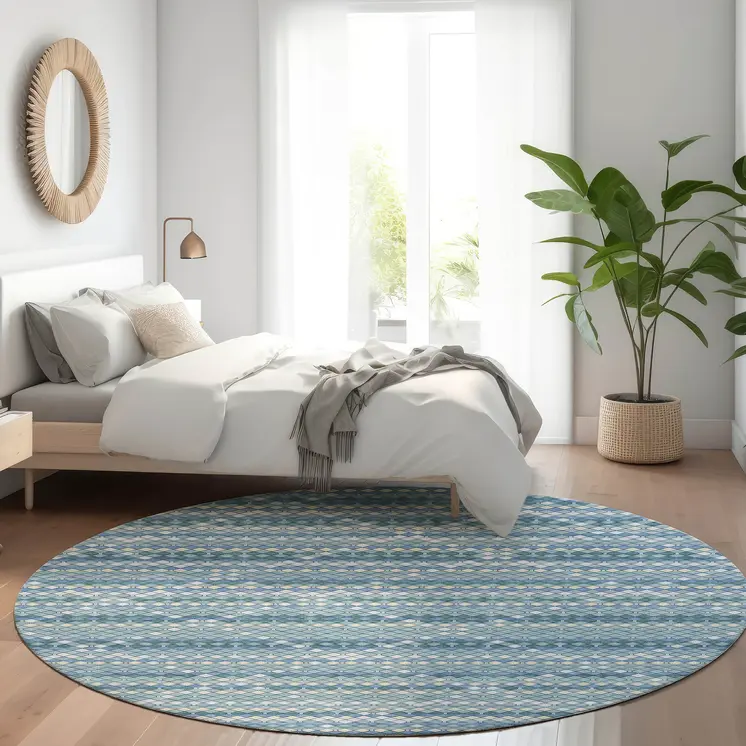 8' Denim Blue And Teal Blue Round Geometric Washable Indoor Outdoor Area Rug