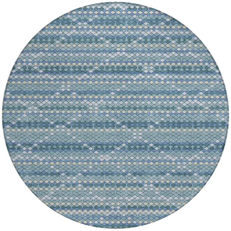 8' Denim Blue And Teal Blue Round Geometric Washable Indoor Outdoor Area Rug