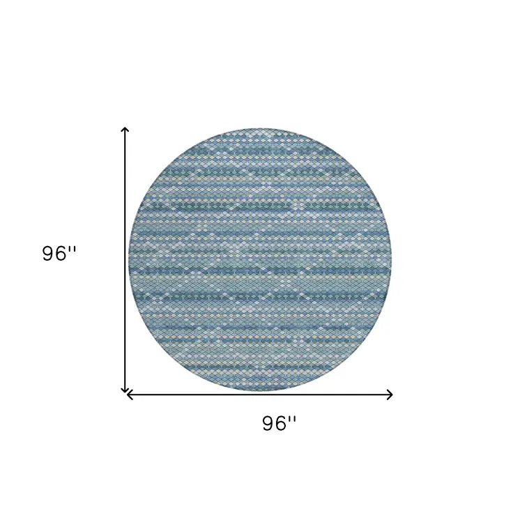 8' Denim Blue And Teal Blue Round Geometric Washable Indoor Outdoor Area Rug