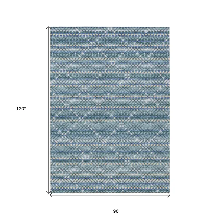 8' X 10' Denim Blue And Teal Blue Geometric Washable Indoor Outdoor Area Rug