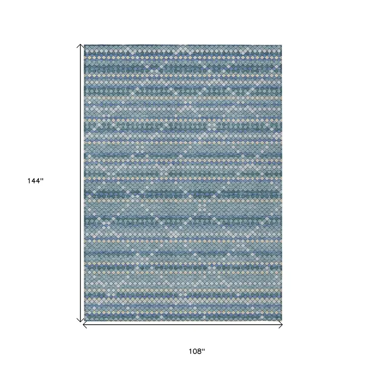 9' X 12' Denim Blue And Teal Blue Geometric Washable Indoor Outdoor Area Rug