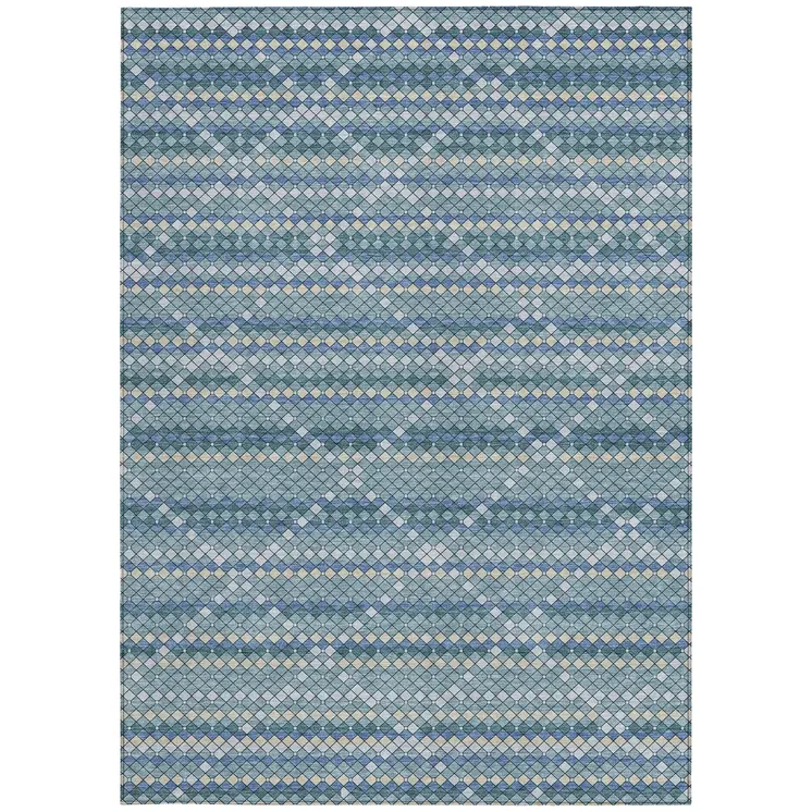 10' X 14' Denim Blue And Teal Blue Geometric Washable Indoor Outdoor Area Rug