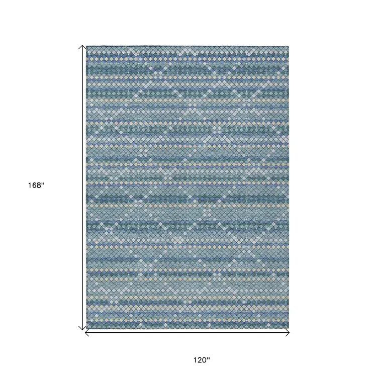 10' X 14' Denim Blue And Teal Blue Geometric Washable Indoor Outdoor Area Rug