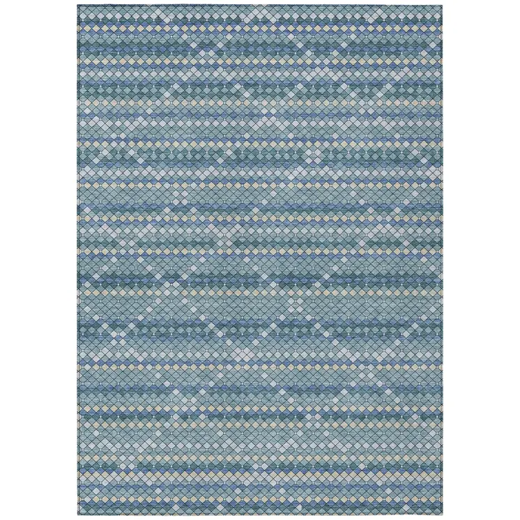 10' X 14' Denim Blue And Teal Blue Geometric Washable Indoor Outdoor Area Rug
