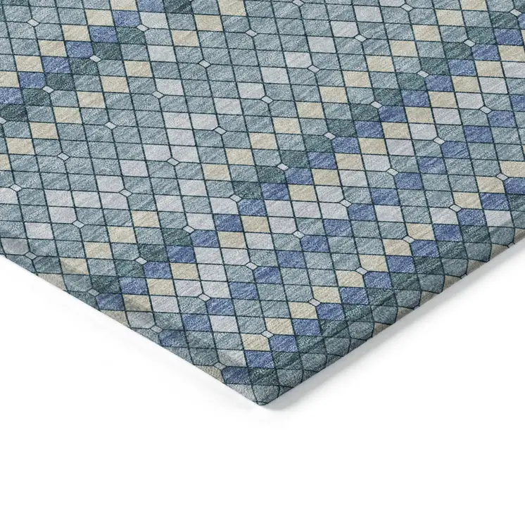 10' X 14' Denim Blue And Teal Blue Geometric Washable Indoor Outdoor Area Rug