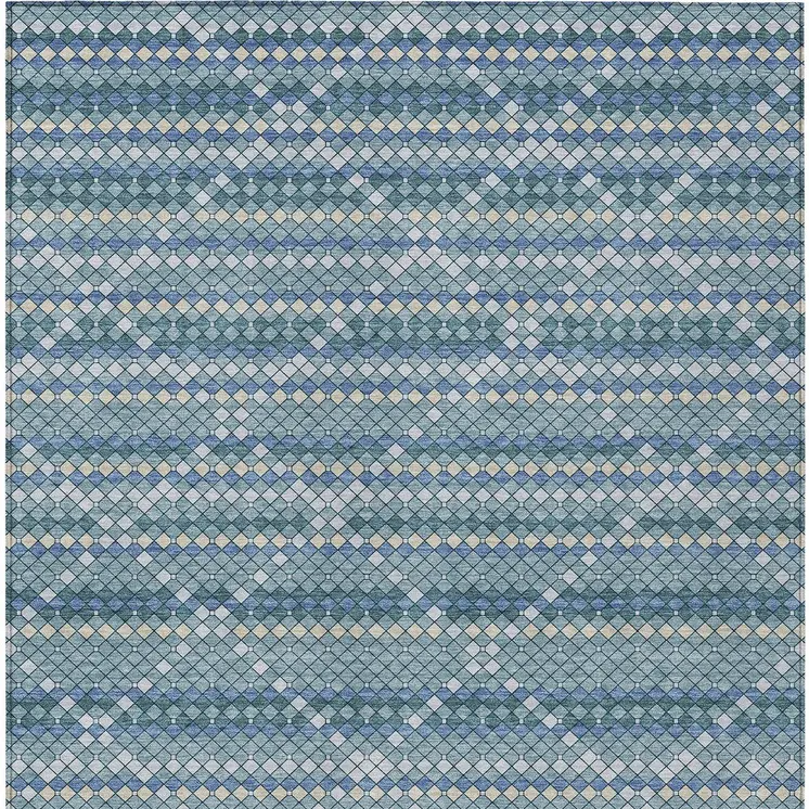 10' X 14' Denim Blue And Teal Blue Geometric Washable Indoor Outdoor Area Rug