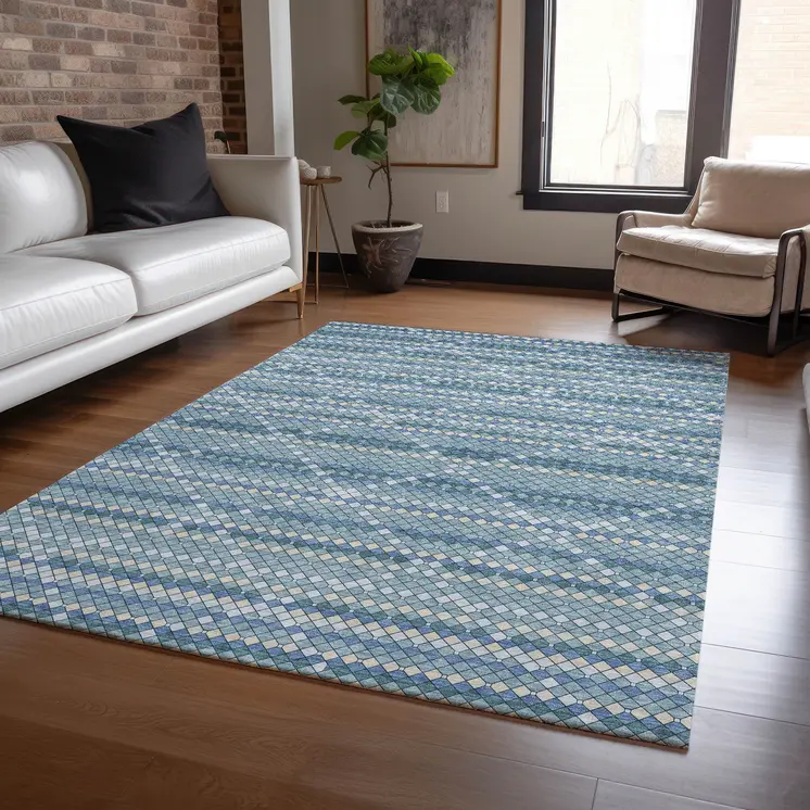 10' X 14' Denim Blue And Teal Blue Geometric Washable Indoor Outdoor Area Rug