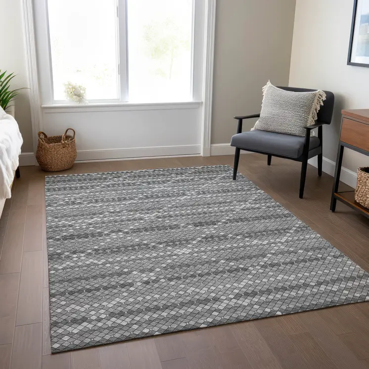 3' X 5' Gray And Silver Geometric Washable Indoor Outdoor Area Rug