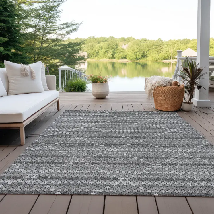 5' X 8' Gray And Silver Geometric Washable Indoor Outdoor Area Rug