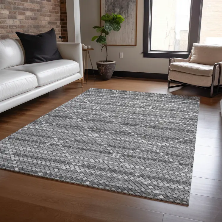 5' X 8' Gray And Silver Geometric Washable Indoor Outdoor Area Rug