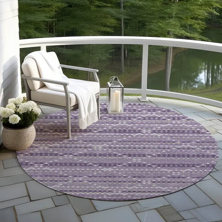 8' Purple And Lavender Round Geometric Washable Indoor Outdoor Area Rug