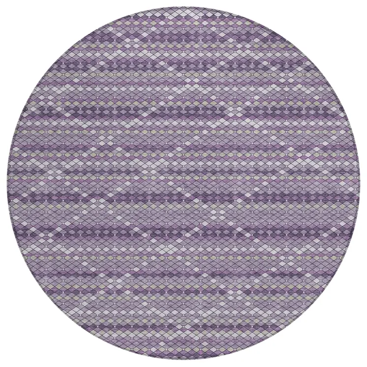 8' Purple And Lavender Round Geometric Washable Indoor Outdoor Area Rug