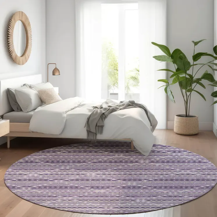 8' Purple And Lavender Round Geometric Washable Indoor Outdoor Area Rug