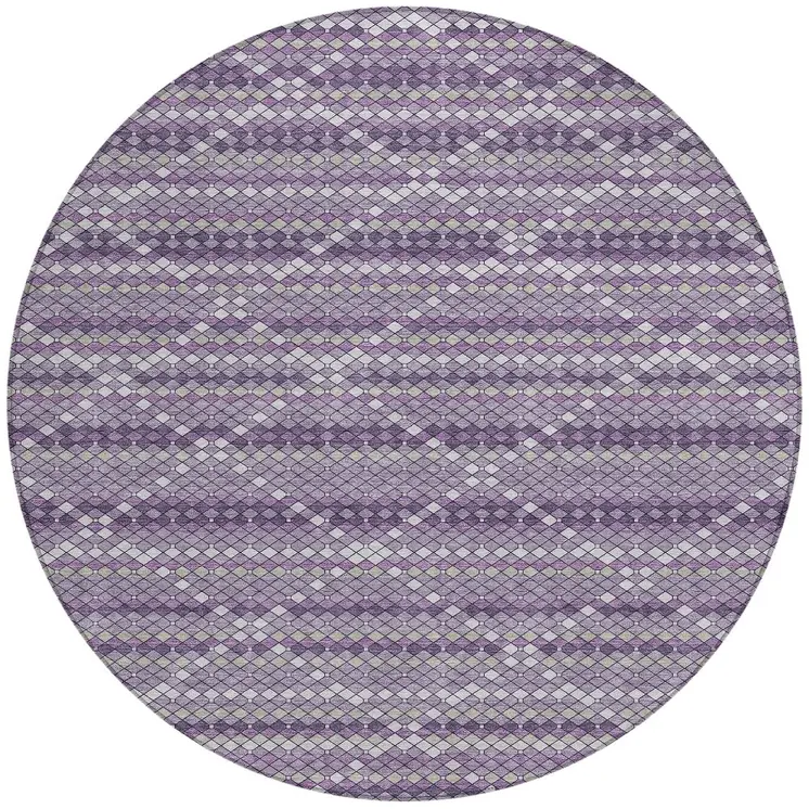 8' Purple And Lavender Round Geometric Washable Indoor Outdoor Area Rug