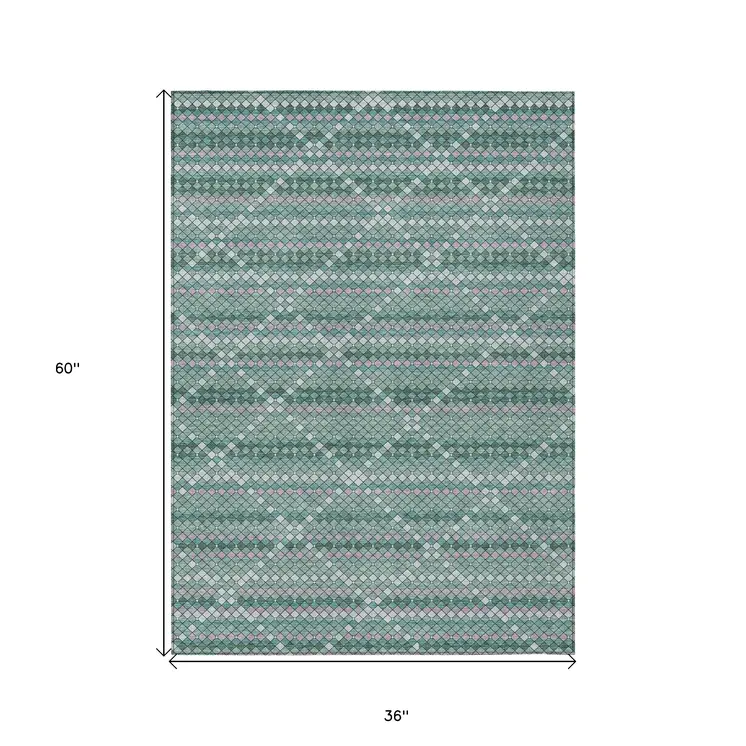 3' X 5' Teal Blue And Ivory Geometric Washable Indoor Outdoor Area Rug
