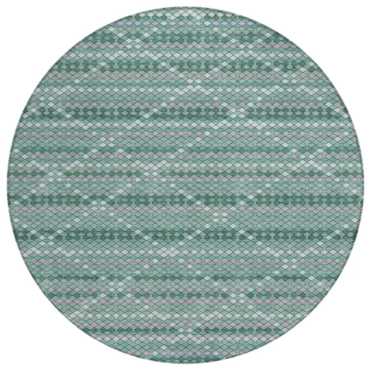 8' Teal Blue And Ivory Round Geometric Washable Indoor Outdoor Area Rug