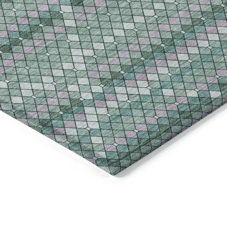 8' Teal Blue And Ivory Round Geometric Washable Indoor Outdoor Area Rug