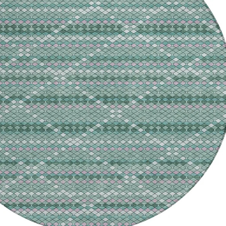 8' Teal Blue And Ivory Round Geometric Washable Indoor Outdoor Area Rug