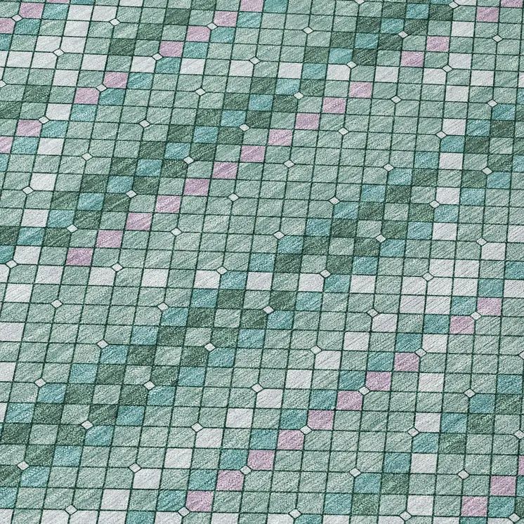 8' Teal Blue And Ivory Round Geometric Washable Indoor Outdoor Area Rug