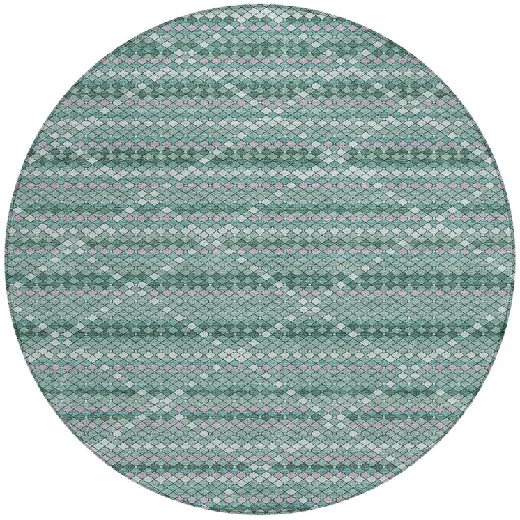 8' Teal Blue And Ivory Round Geometric Washable Indoor Outdoor Area Rug