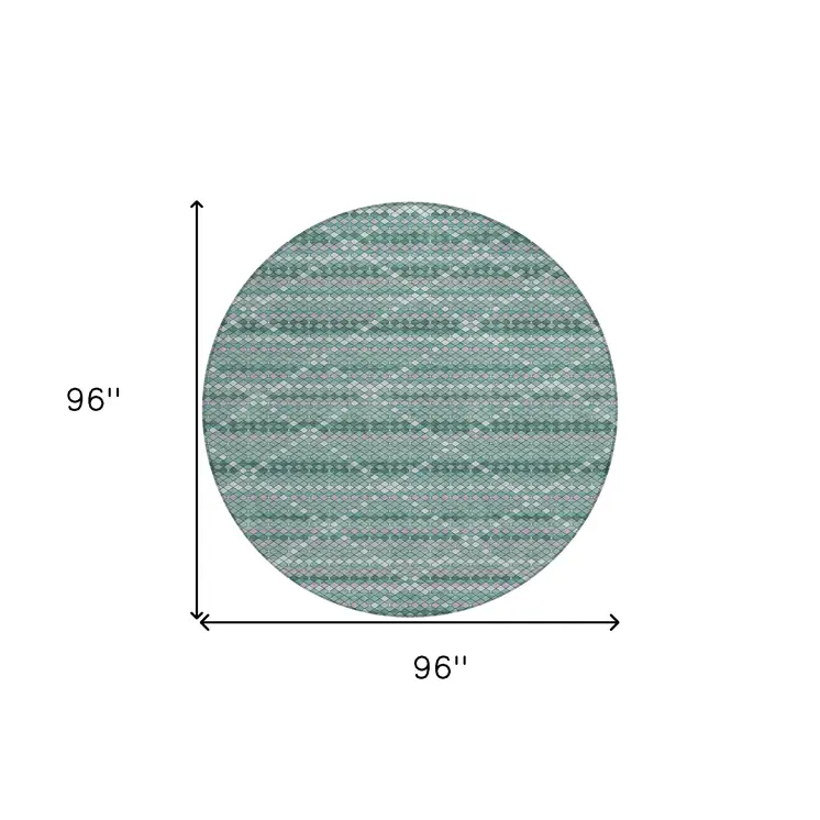 8' Teal Blue And Ivory Round Geometric Washable Indoor Outdoor Area Rug