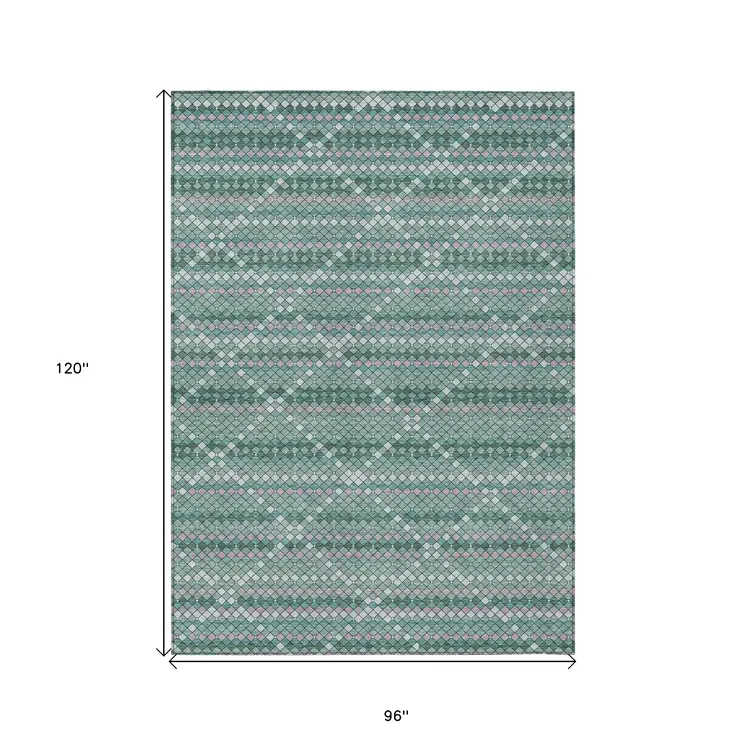 8' X 10' Teal Blue And Ivory Geometric Washable Indoor Outdoor Area Rug