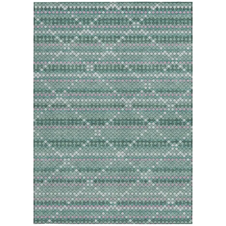 9' X 12' Teal Blue And Ivory Geometric Washable Indoor Outdoor Area Rug