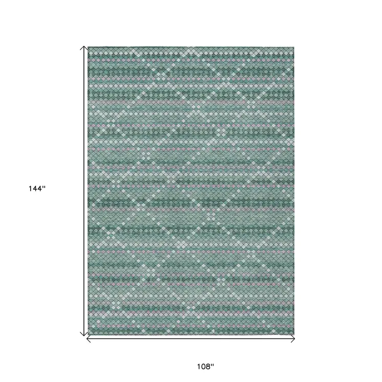 9' X 12' Teal Blue And Ivory Geometric Washable Indoor Outdoor Area Rug