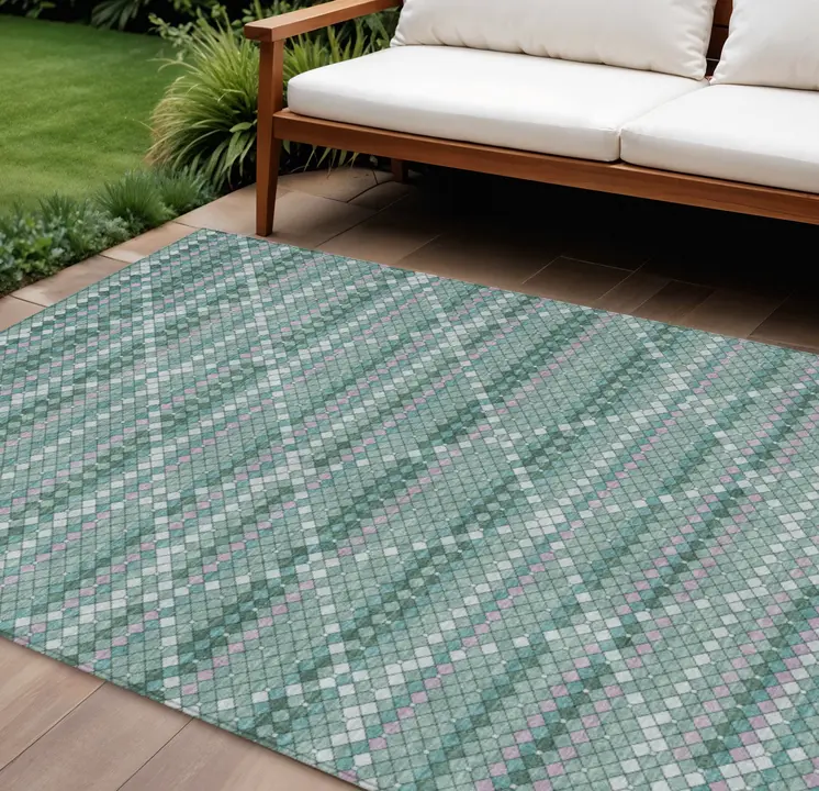 9' X 12' Teal Blue And Ivory Geometric Washable Indoor Outdoor Area Rug