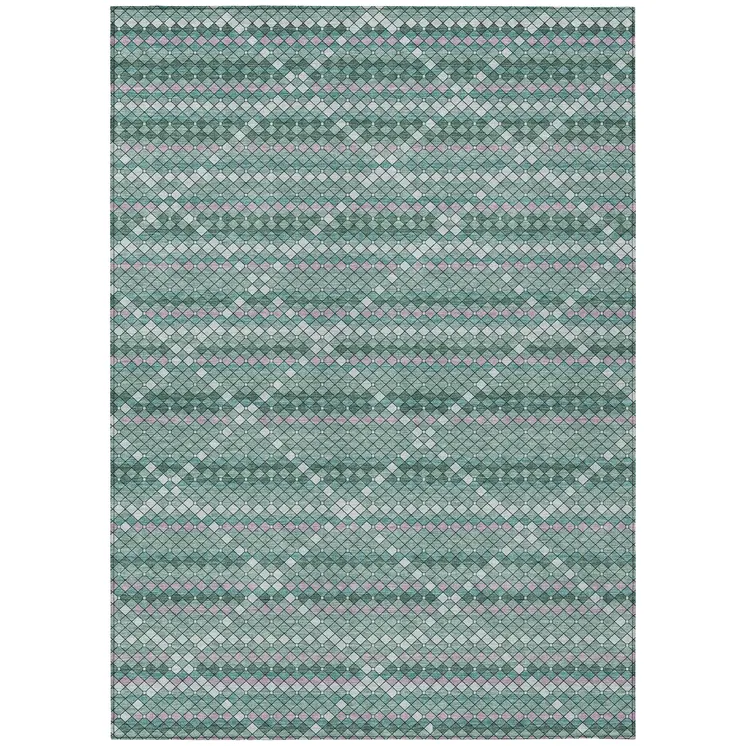 9' X 12' Teal Blue And Ivory Geometric Washable Indoor Outdoor Area Rug