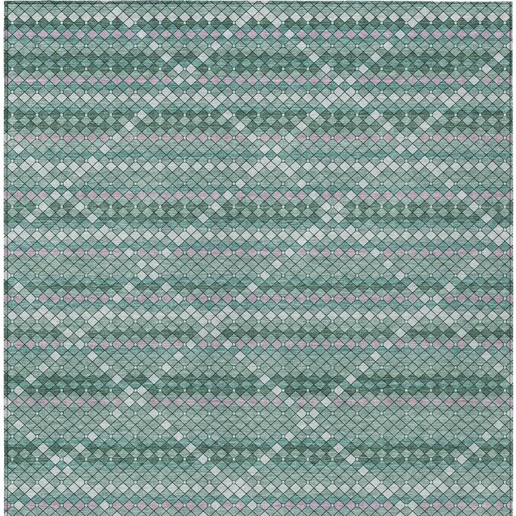 9' X 12' Teal Blue And Ivory Geometric Washable Indoor Outdoor Area Rug