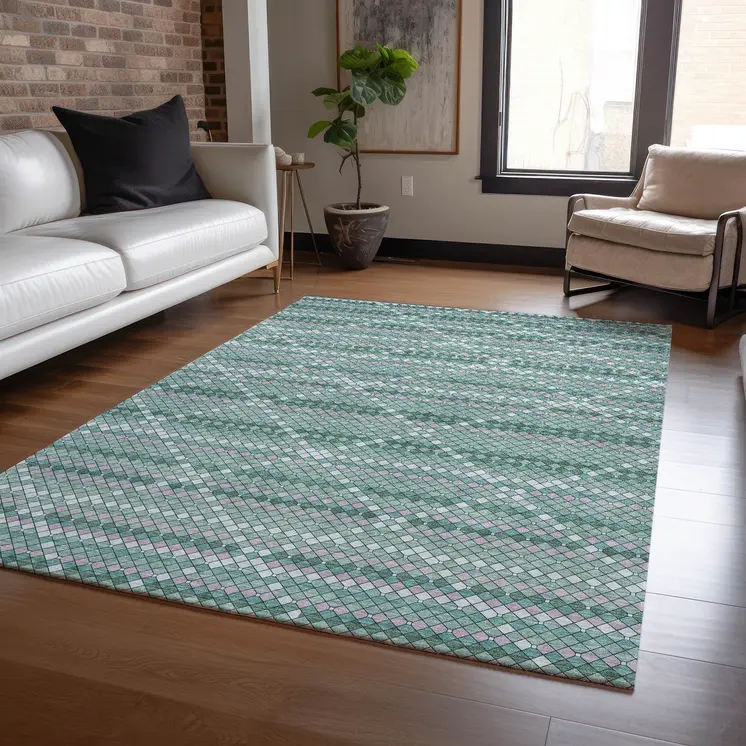 9' X 12' Teal Blue And Ivory Geometric Washable Indoor Outdoor Area Rug