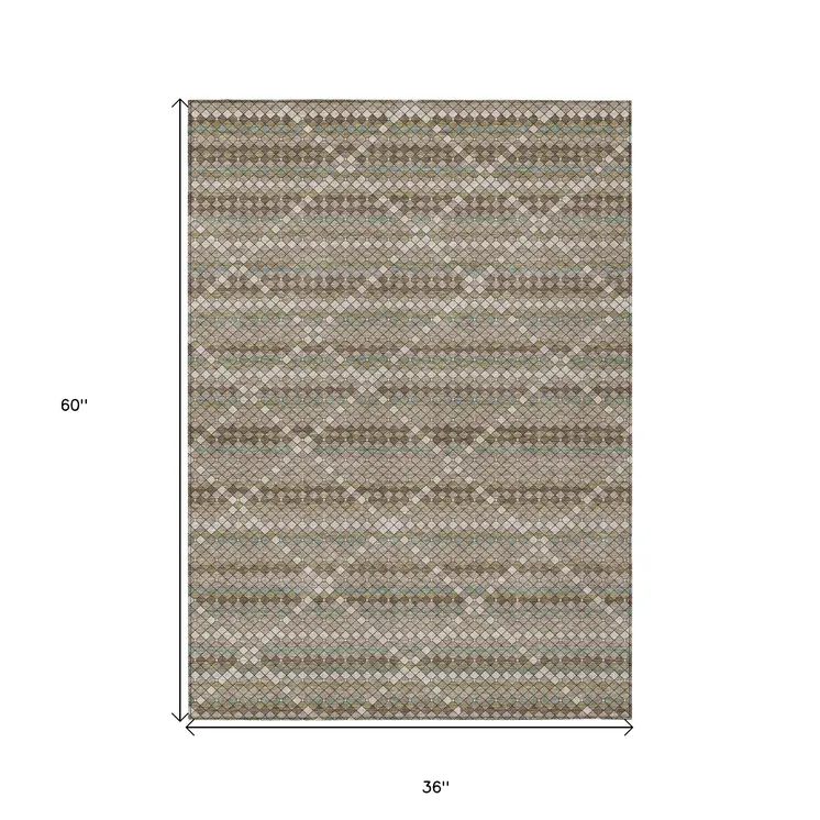 3' X 5' Taupe And Brown Geometric Washable Indoor Outdoor Area Rug