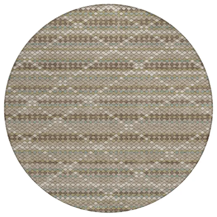 8' Taupe And Brown Round Geometric Washable Indoor Outdoor Area Rug