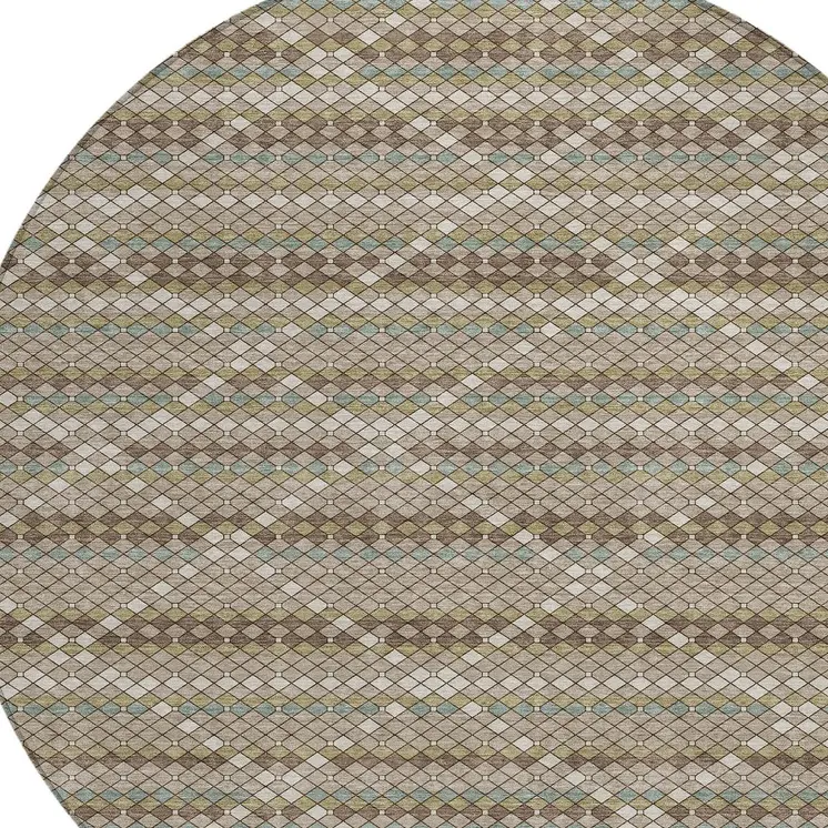 8' Taupe And Brown Round Geometric Washable Indoor Outdoor Area Rug