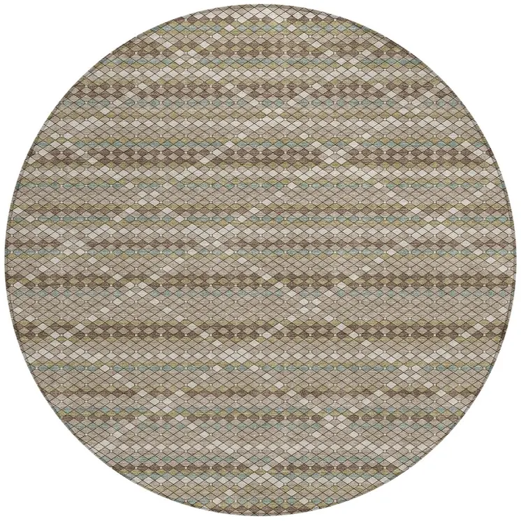8' Taupe And Brown Round Geometric Washable Indoor Outdoor Area Rug