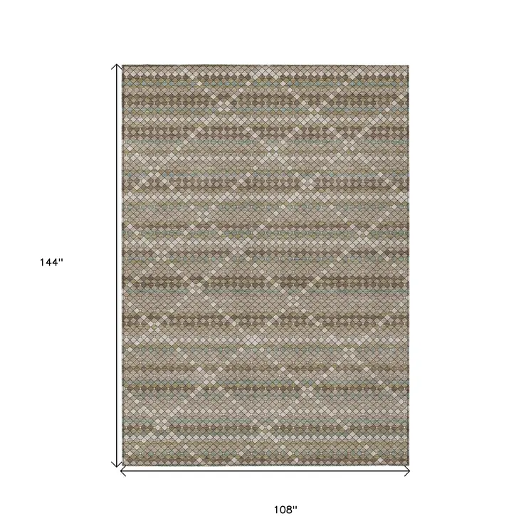 9' X 12' Taupe And Brown Geometric Washable Indoor Outdoor Area Rug