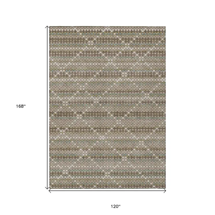 10' X 14' Taupe And Brown Geometric Washable Indoor Outdoor Area Rug