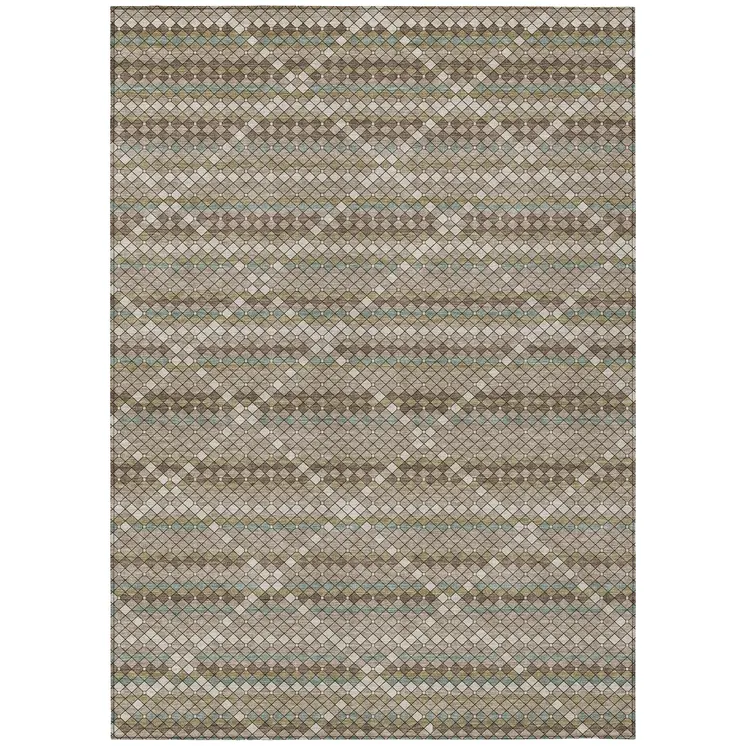 10' X 14' Taupe And Brown Geometric Washable Indoor Outdoor Area Rug