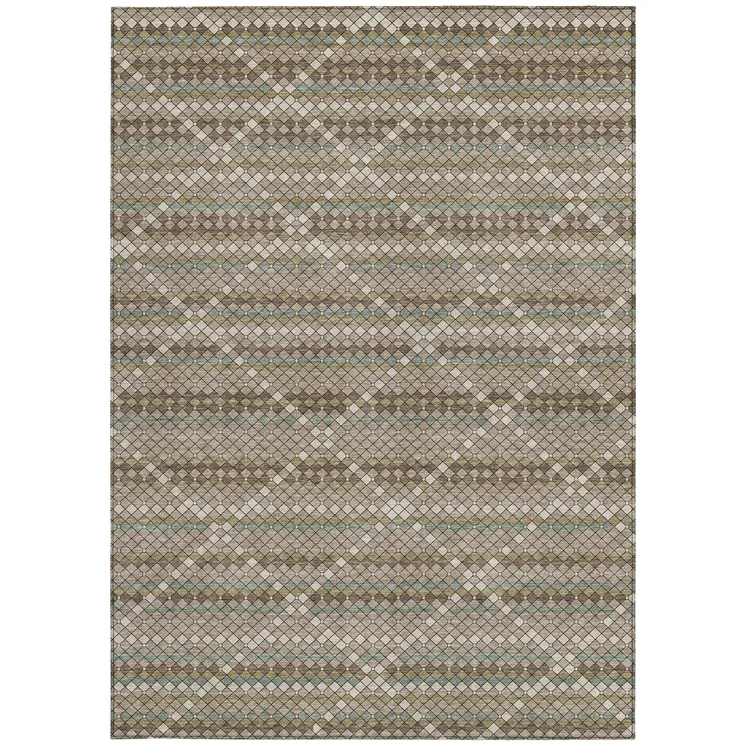10' X 14' Taupe And Brown Geometric Washable Indoor Outdoor Area Rug