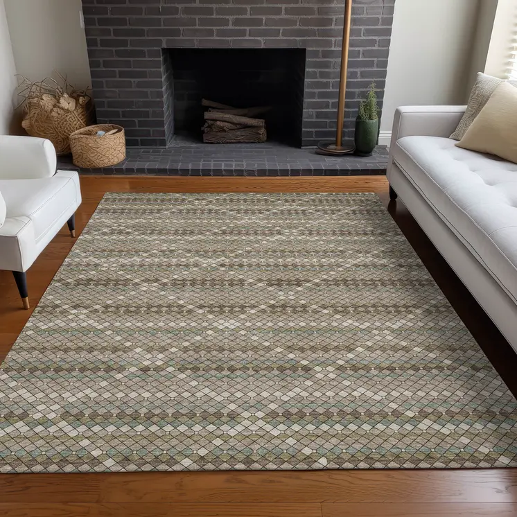 10' X 14' Taupe And Brown Geometric Washable Indoor Outdoor Area Rug