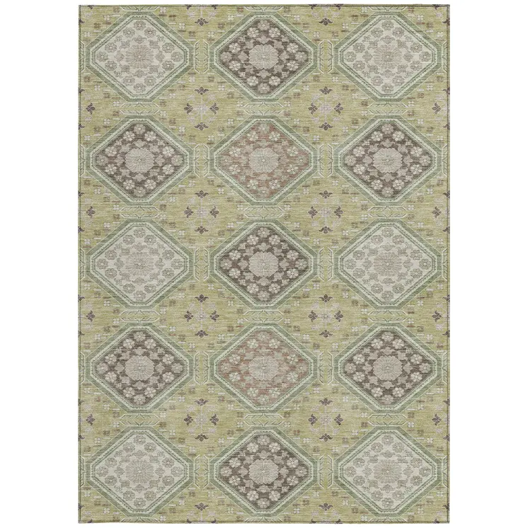 3' X 5' Artichoke Green And Brown Floral Washable Indoor Outdoor Area Rug