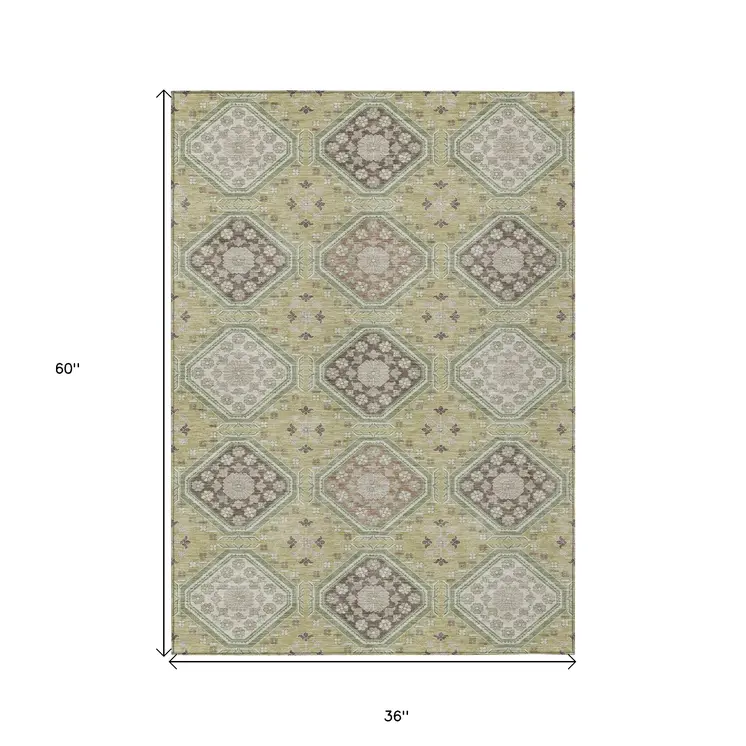 3' X 5' Artichoke Green And Brown Floral Washable Indoor Outdoor Area Rug