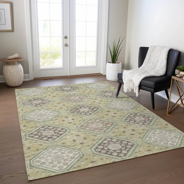 3' X 5' Artichoke Green And Brown Floral Washable Indoor Outdoor Area Rug
