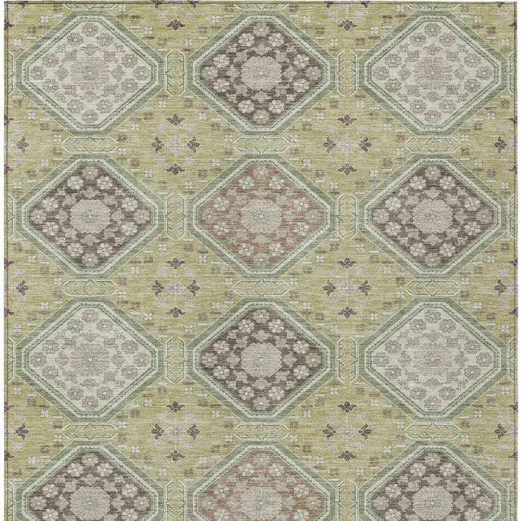 5' X 8' Artichoke Green And Brown Floral Washable Indoor Outdoor Area Rug