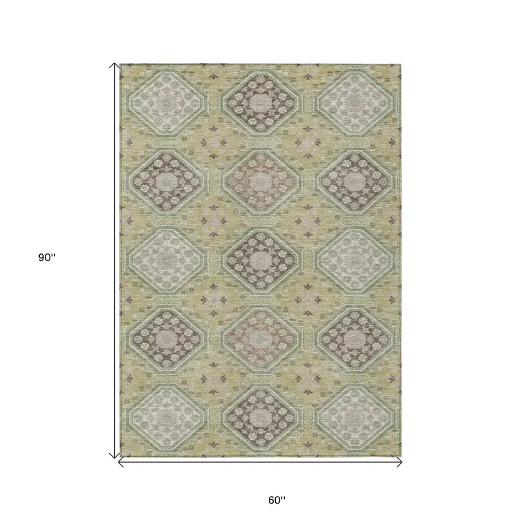 5' X 8' Artichoke Green And Brown Floral Washable Indoor Outdoor Area Rug