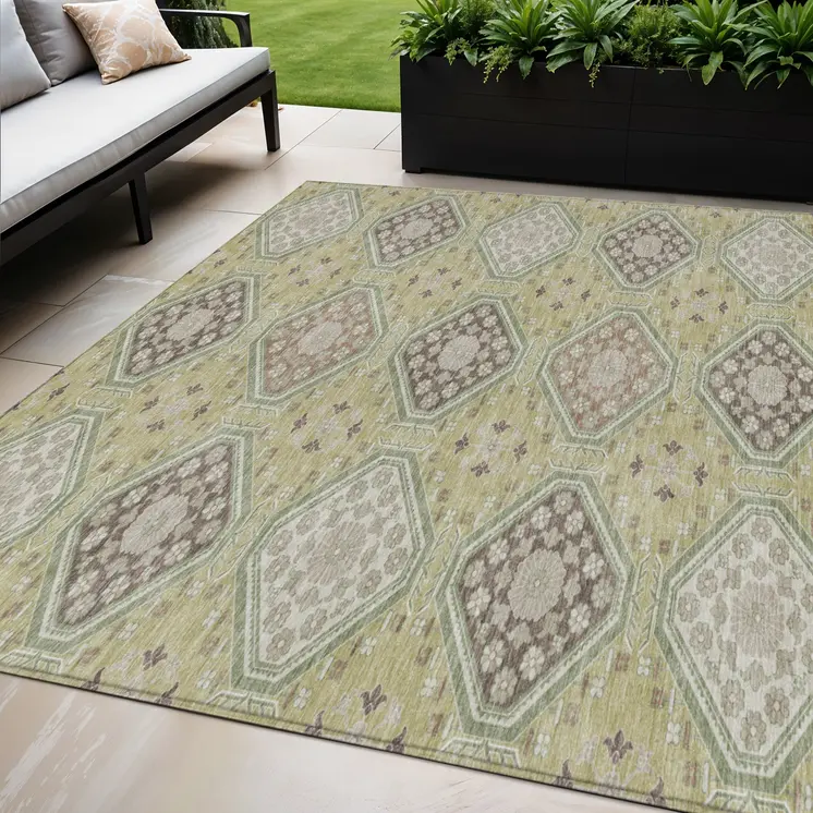 5' X 8' Artichoke Green And Brown Floral Washable Indoor Outdoor Area Rug