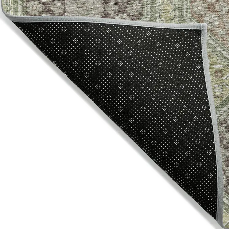 5' X 8' Artichoke Green And Brown Floral Washable Indoor Outdoor Area Rug