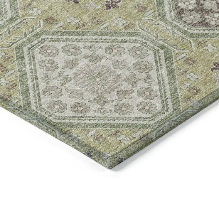 5' X 8' Artichoke Green And Brown Floral Washable Indoor Outdoor Area Rug