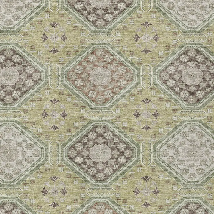 5' X 8' Artichoke Green And Brown Floral Washable Indoor Outdoor Area Rug